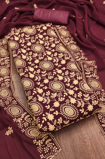 maroon georgette embroidered unstitched dressmaterials 3 pair top bottom dupptaa