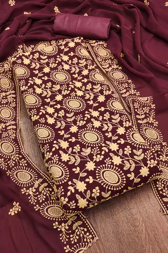 maroon georgette embroidered unstitched dressmaterials 3 pair top bottom dupptaa