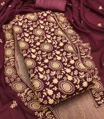 maroon georgette embroidered unstitched dressmaterials 3 pair top bottom dupptaa