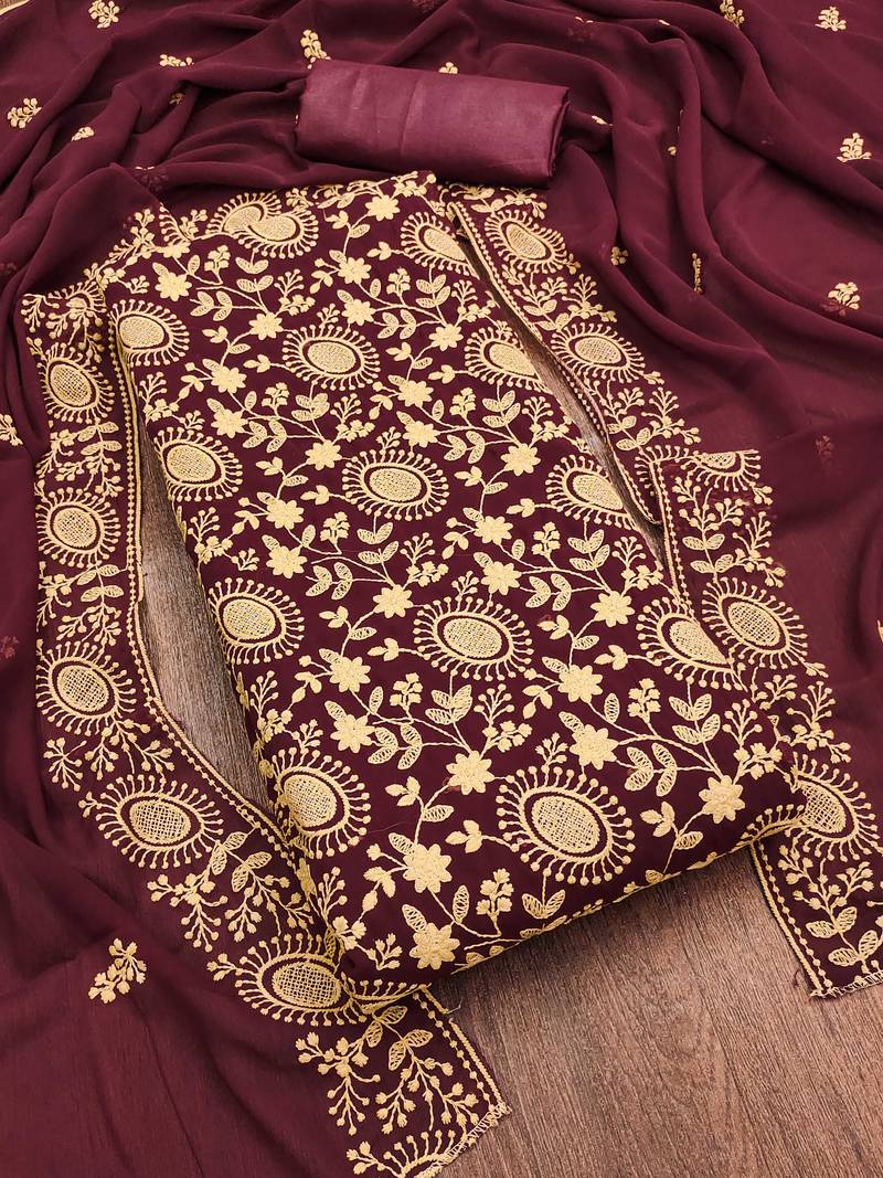 maroon georgette embroidered unstitched dressmaterials 3 pair top bottom dupptaa