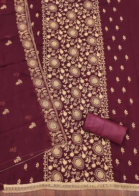 maroon georgette embroidered unstitched dressmaterials 3 pair top bottom dupptaa 2