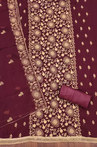 maroon georgette embroidered unstitched dressmaterials 3 pair top bottom dupptaa