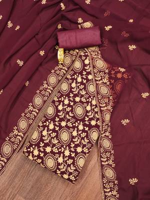 maroon georgette embroidered unstitched dressmaterials 3 pair top bottom dupptaa 3