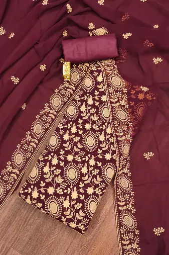 maroon georgette embroidered unstitched dressmaterials 3 pair top bottom dupptaa