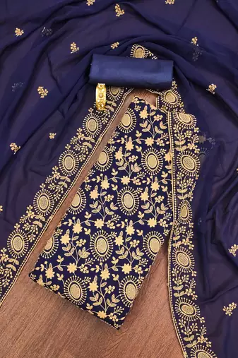 blue georgette embroidered unstitched dressmaterials 3 pair top bottom dupptaa