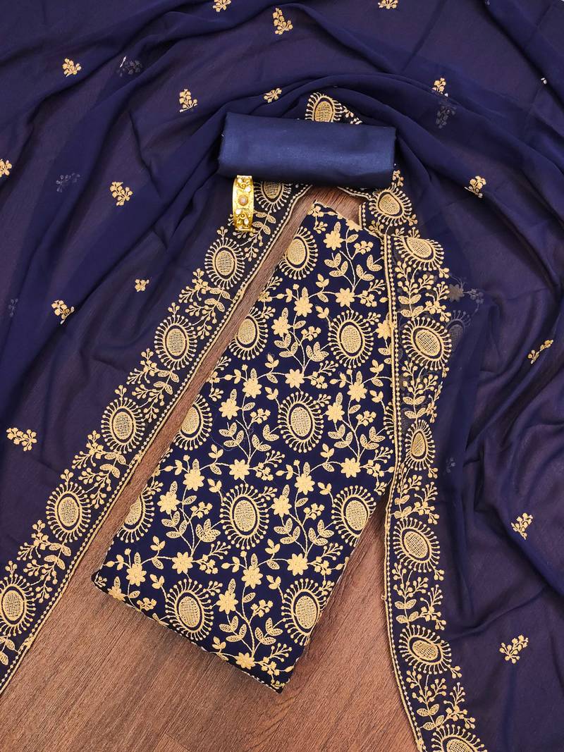 blue georgette embroidered unstitched dressmaterials 3 pair top bottom dupptaa