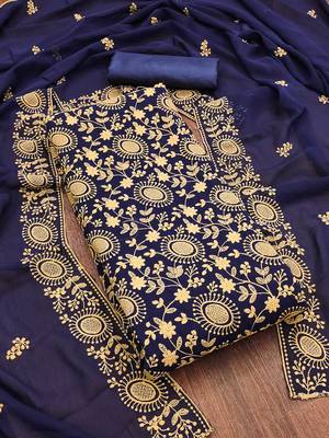 blue georgette embroidered unstitched dressmaterials 3 pair top bottom dupptaa 2