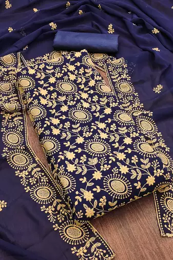 blue georgette embroidered unstitched dressmaterials 3 pair top bottom dupptaa