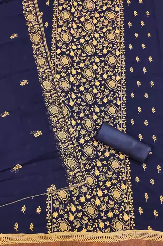 blue georgette embroidered unstitched dressmaterials 3 pair top bottom dupptaa