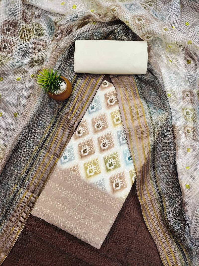 cream cotton blend embroidered unstitched dressmaterials 3 pair top bottom dupptaa