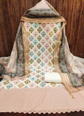 cream cotton blend embroidered unstitched dressmaterials 3 pair top bottom dupptaa 2