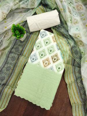 green cotton blend embroidered unstitched dressmaterials 3 pair top bottom dupptaa 1