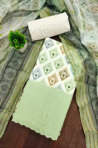 green cotton blend embroidered unstitched dressmaterials 3 pair top bottom dupptaa