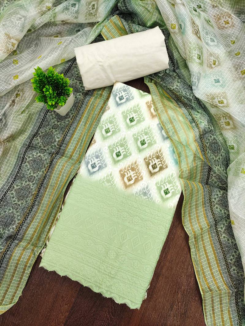 green cotton blend embroidered unstitched dressmaterials 3 pair top bottom dupptaa