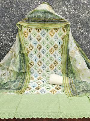 green cotton blend embroidered unstitched dressmaterials 3 pair top bottom dupptaa 2