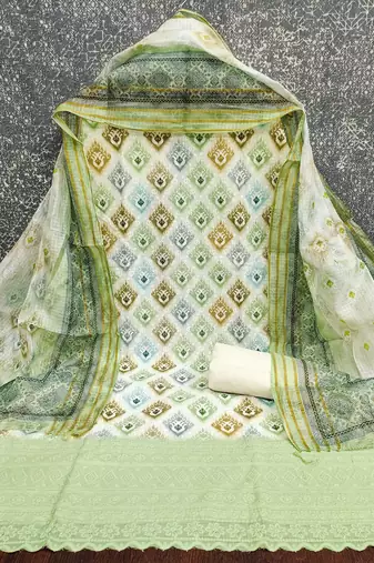 green cotton blend embroidered unstitched dressmaterials 3 pair top bottom dupptaa