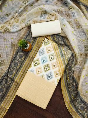 yellow cotton blend embroidered unstitched dressmaterials 3 pair top bottom dupptaa 1