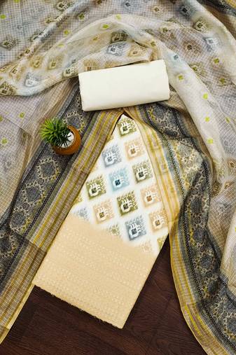 yellow cotton blend embroidered unstitched dressmaterials 3 pair top bottom dupptaa