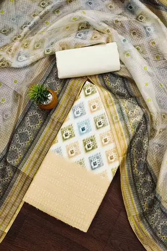 yellow cotton blend embroidered unstitched dressmaterials 3 pair top bottom dupptaa