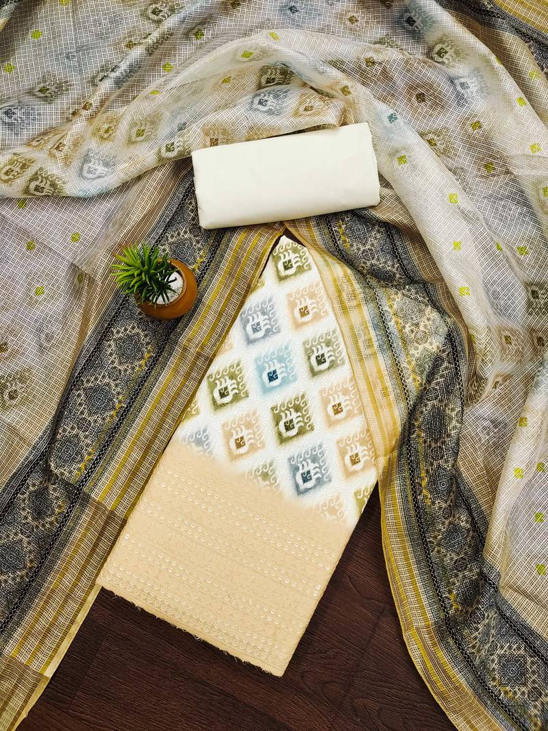 yellow cotton blend embroidered unstitched dressmaterials 3 pair top bottom dupptaa