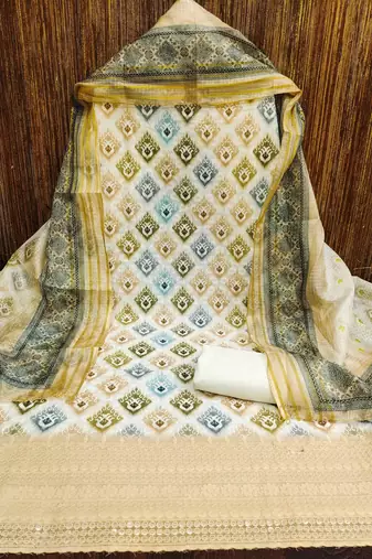 yellow cotton blend embroidered unstitched dressmaterials 3 pair top bottom dupptaa
