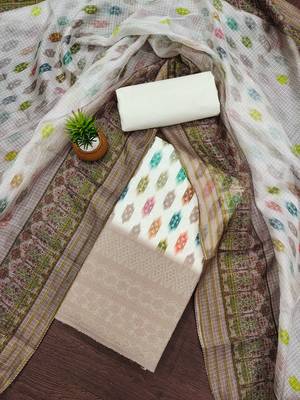 brown cotton blend embroidered unstitched dressmaterials 3 pair top bottom dupptaa 1