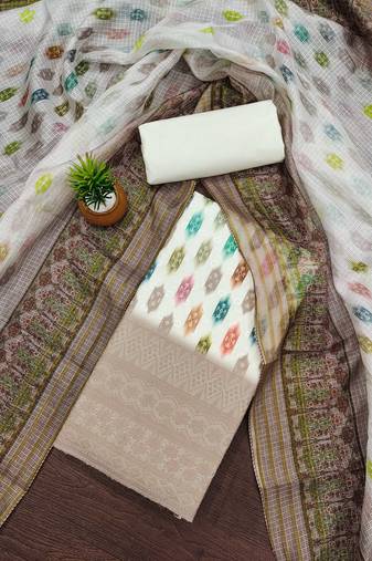 brown cotton blend embroidered unstitched dressmaterials 3 pair top bottom dupptaa