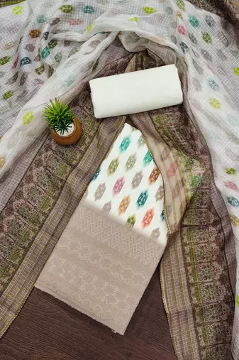brown cotton blend embroidered unstitched dressmaterials 3 pair top bottom dupptaa