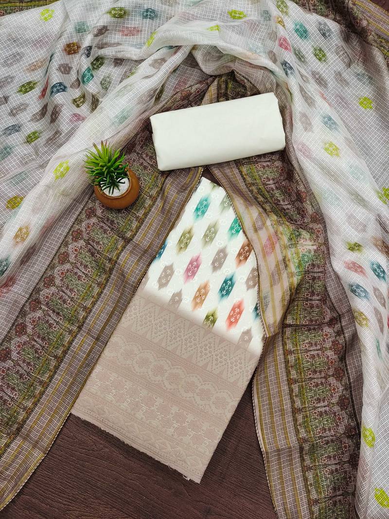 brown cotton blend embroidered unstitched dressmaterials 3 pair top bottom dupptaa