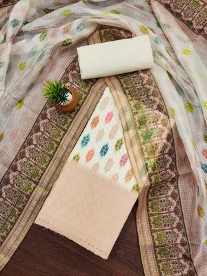 cream cotton blend embroidered unstitched dressmaterials 3 pair top bottom dupptaa 1