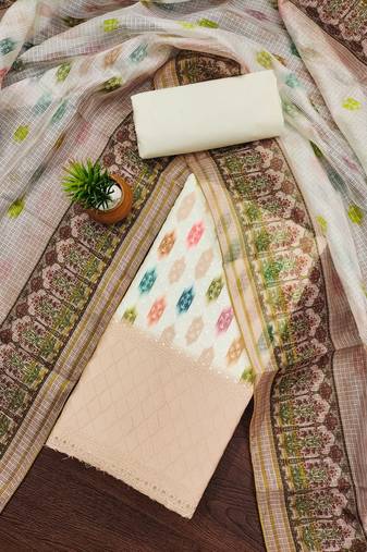 cream cotton blend embroidered unstitched dressmaterials 3 pair top bottom dupptaa
