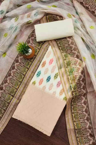 cream cotton blend embroidered unstitched dressmaterials 3 pair top bottom dupptaa