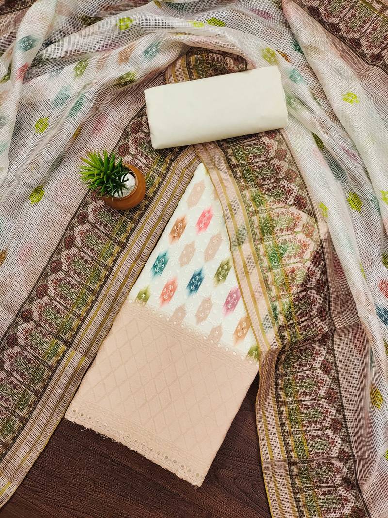 cream cotton blend embroidered unstitched dressmaterials 3 pair top bottom dupptaa