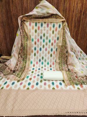 cream cotton blend embroidered unstitched dressmaterials 3 pair top bottom dupptaa 3