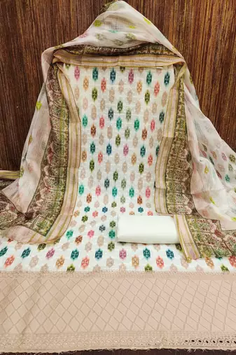 cream cotton blend embroidered unstitched dressmaterials 3 pair top bottom dupptaa
