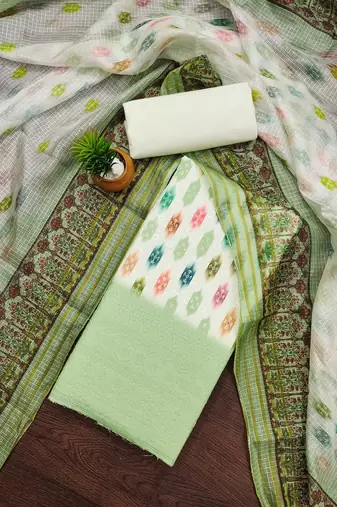 green cotton blend embroidered unstitched dressmaterials 3 pair top bottom dupptaa
