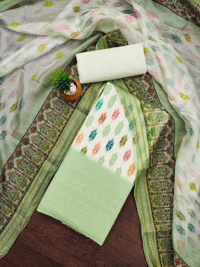 green cotton blend embroidered unstitched dressmaterials 3 pair top bottom dupptaa