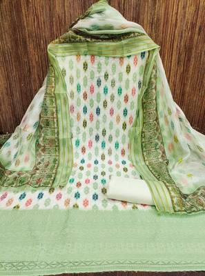 green cotton blend embroidered unstitched dressmaterials 3 pair top bottom dupptaa 2