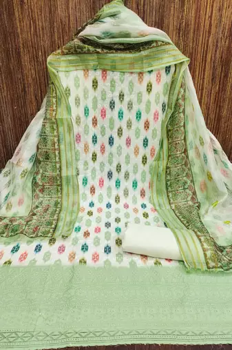 green cotton blend embroidered unstitched dressmaterials 3 pair top bottom dupptaa
