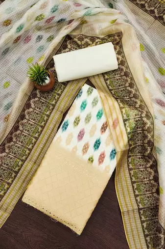 yellow cotton blend embroidered unstitched dressmaterials 3 pair top bottom dupptaa