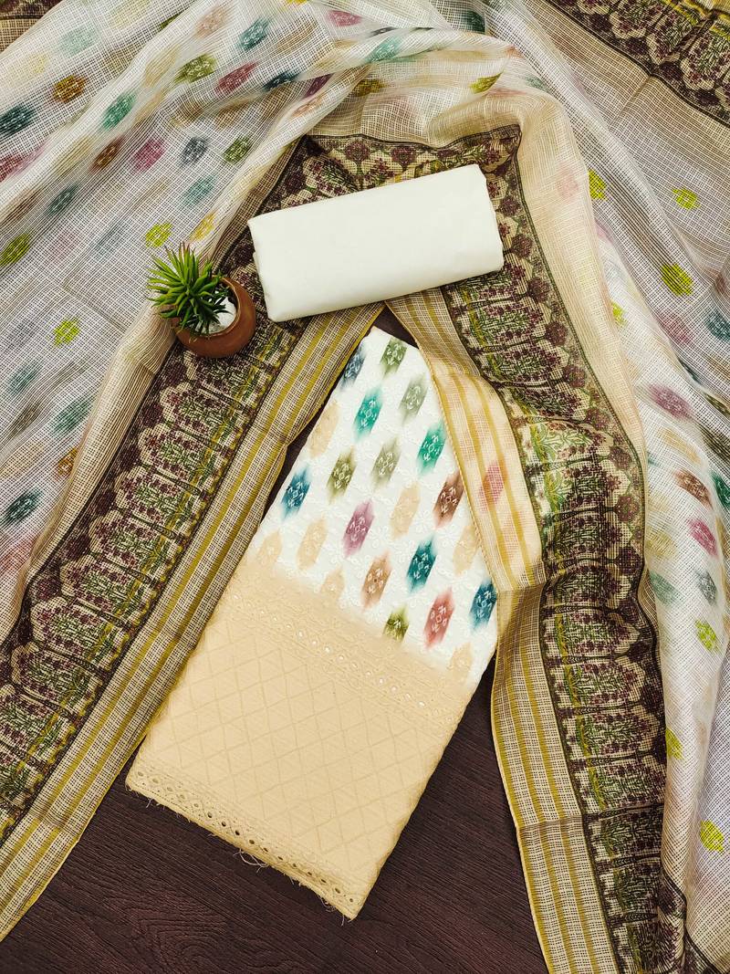 yellow cotton blend embroidered unstitched dressmaterials 3 pair top bottom dupptaa