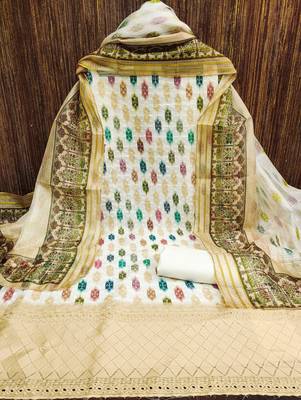 yellow cotton blend embroidered unstitched dressmaterials 3 pair top bottom dupptaa 4