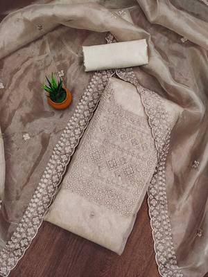 grey organza embroidered unstitched dressmaterials 3 pair top bottom dupptaa 1