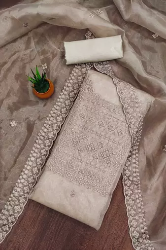 grey organza embroidered unstitched dressmaterials 3 pair top bottom dupptaa