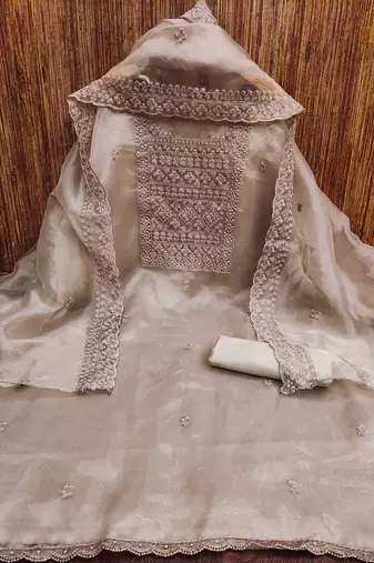 grey organza embroidered unstitched dressmaterials 3 pair top bottom dupptaa