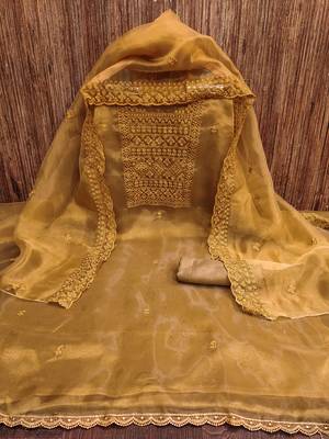 musturd organza embroidered unstitched dressmaterials 3 pair top bottom dupptaa 4