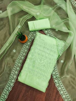 sea green organza embroidered unstitched dressmaterials 3 pair top bottom dupptaa 1