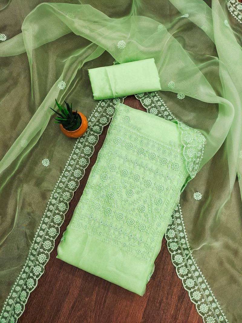sea green organza embroidered unstitched dressmaterials 3 pair top bottom dupptaa