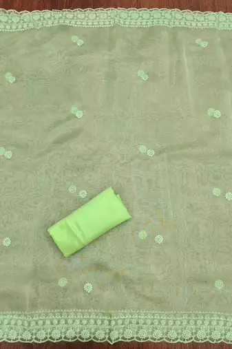 sea green organza embroidered unstitched dressmaterials 3 pair top bottom dupptaa