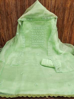 sea green organza embroidered unstitched dressmaterials 3 pair top bottom dupptaa 4